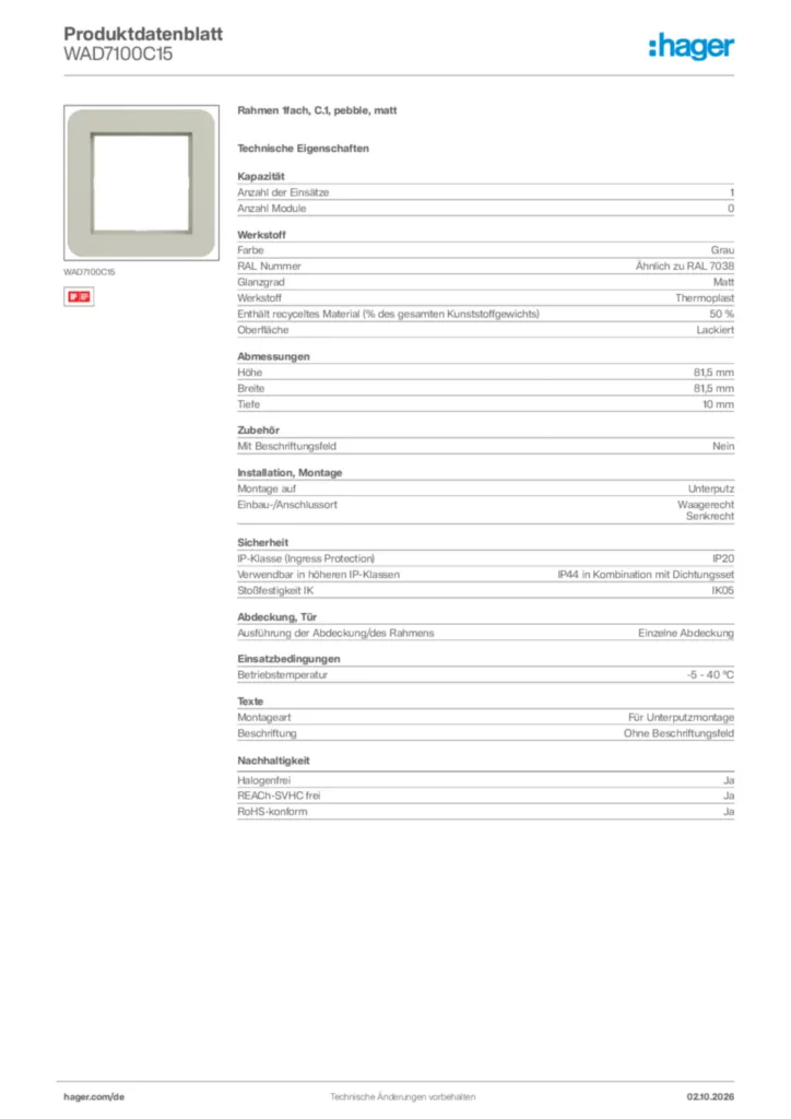 Bild Hager Produktdatenblatt WAD7100C15 | Hager Deutschland