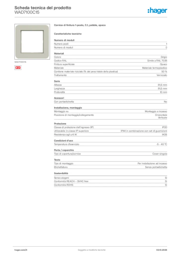 Immagine Hager Scheda tecnica del prodotto WAD7100C15 | Hager Italia