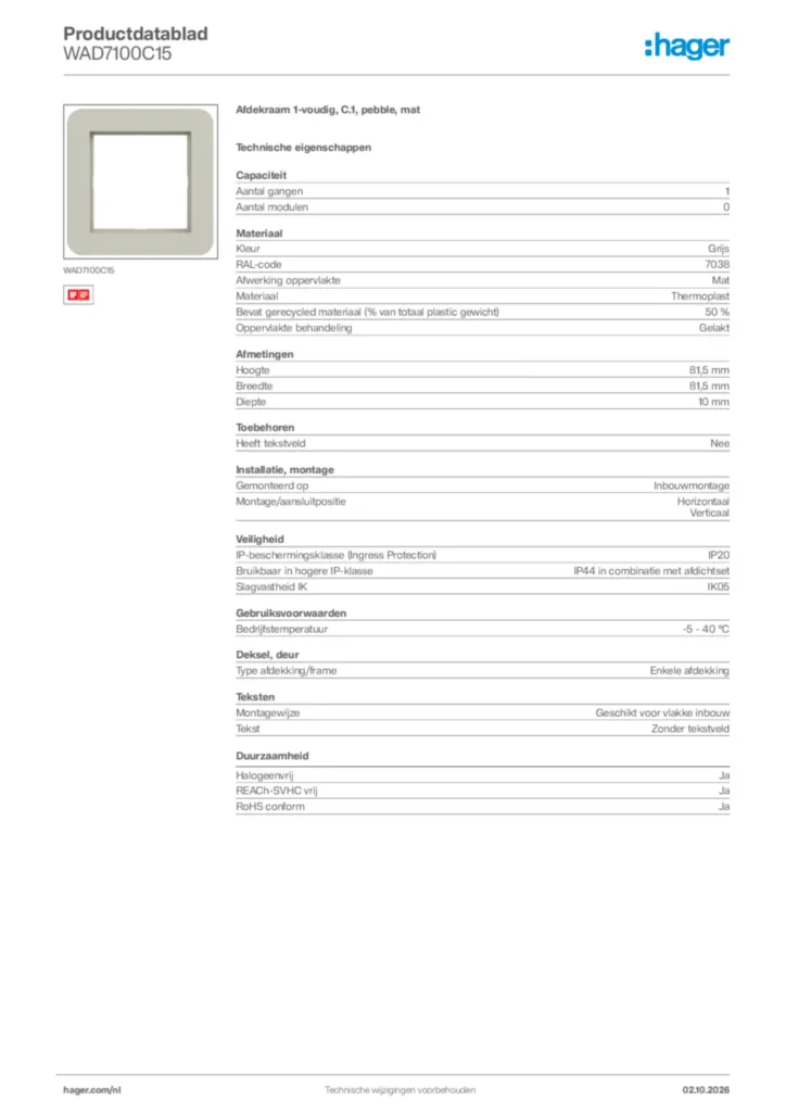 Afbeelding Hager Productdatablad WAD7100C15 | Hager Nederland