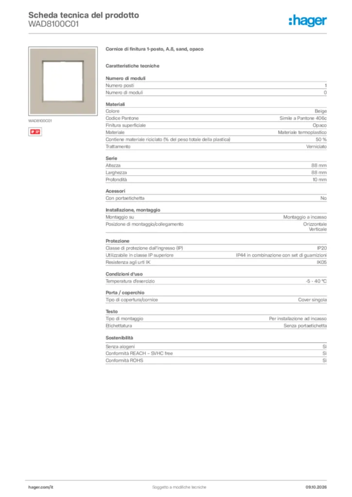 Immagine Hager Scheda tecnica del prodotto WAD8100C01 | Hager Italia