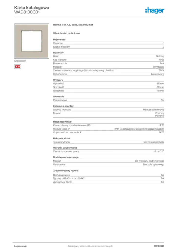 Zdjęcie Hager Karta katalogowa WAD8100C01 | Hager Polska