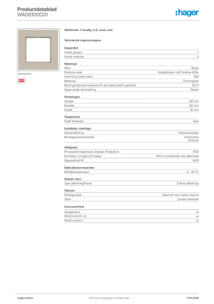 Afbeelding Hager Productdatablad WAD8100C01 | Hager Nederland