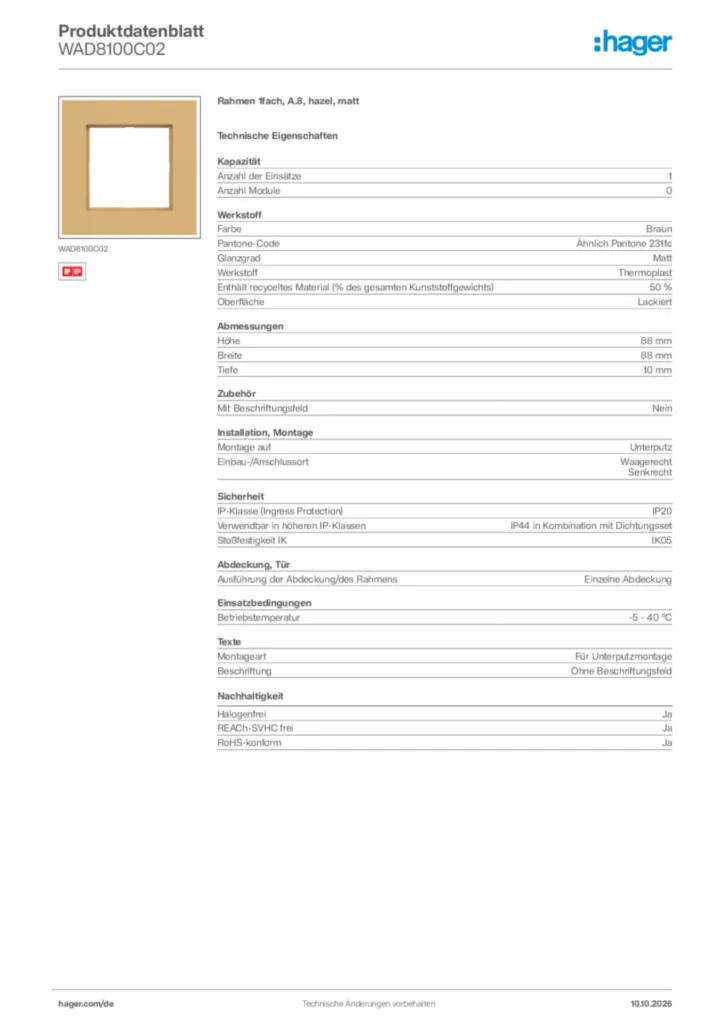 Bild Hager Produktdatenblatt WAD8100C02 | Hager Deutschland