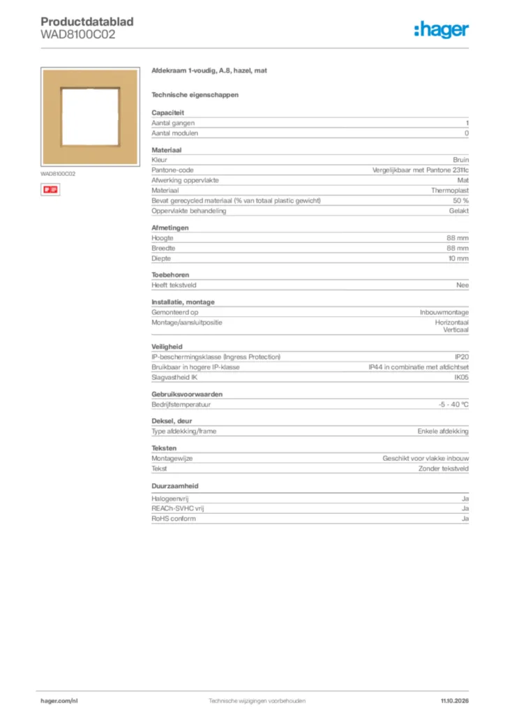 Afbeelding Hager Productdatablad WAD8100C02 | Hager Nederland