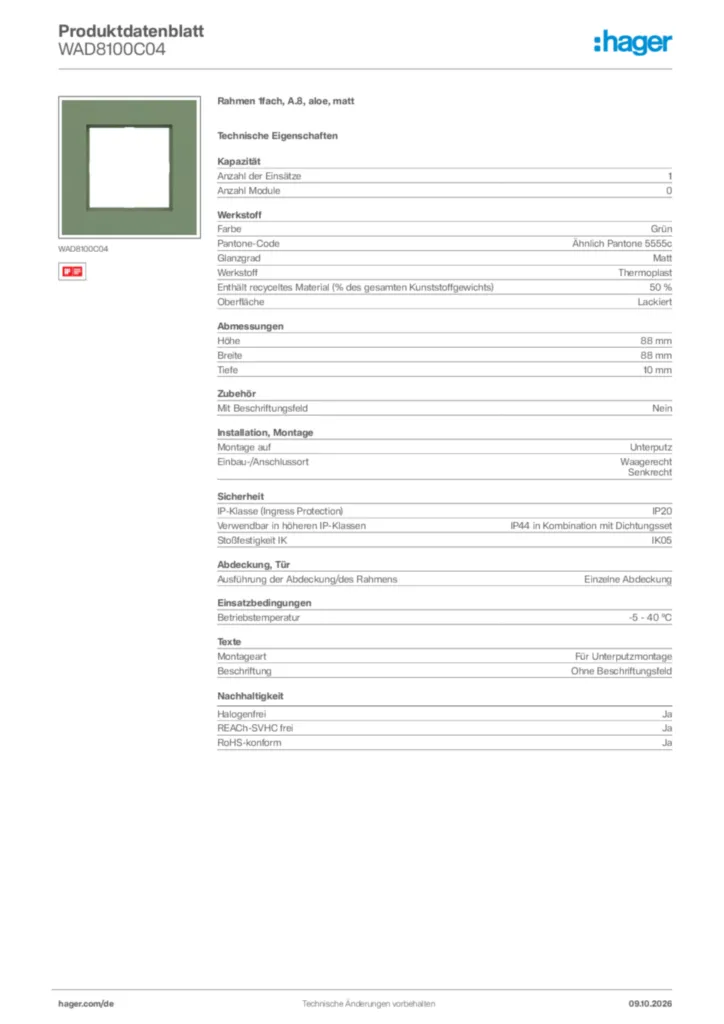 Bild Hager Produktdatenblatt WAD8100C04 | Hager Deutschland