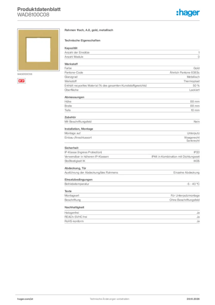 Bild Hager Produktdatenblatt WAD8100C08 | Hager Deutschland