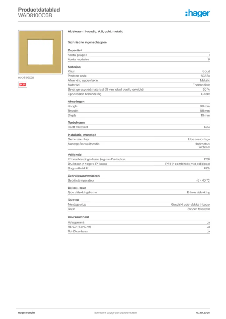 Afbeelding Hager Productdatablad WAD8100C08 | Hager Nederland