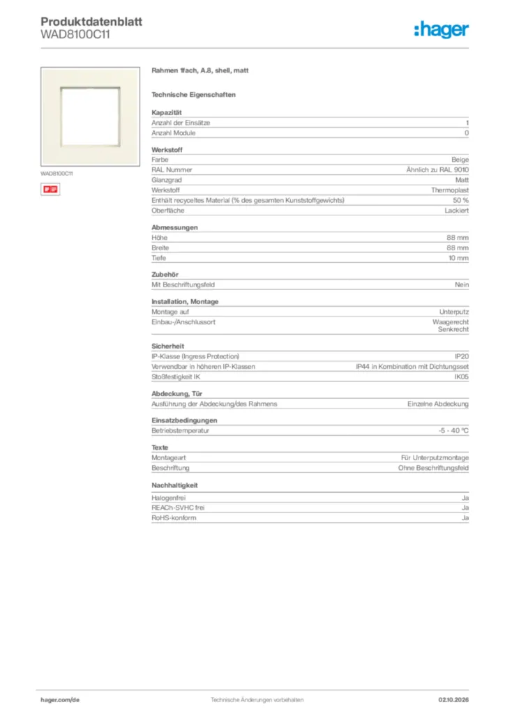 Bild Hager Produktdatenblatt WAD8100C11 | Hager Deutschland
