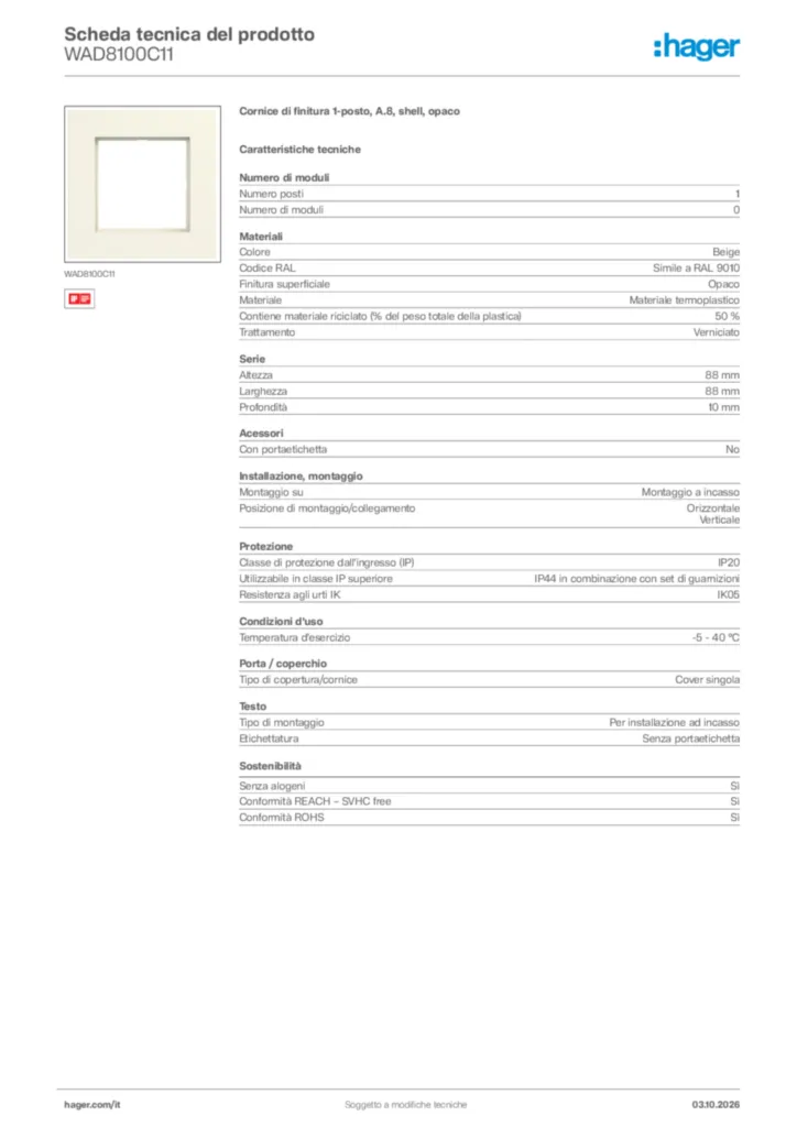 Immagine Hager Scheda tecnica del prodotto WAD8100C11 | Hager Italia