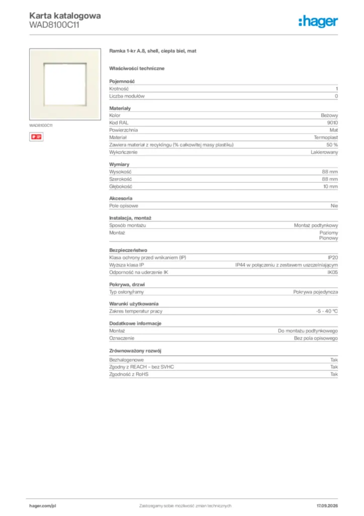 Zdjęcie Hager Karta katalogowa WAD8100C11 | Hager Polska
