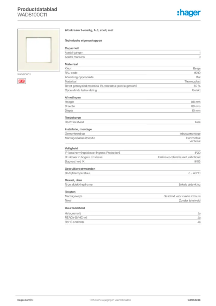 Afbeelding Hager Productdatablad WAD8100C11 | Hager Nederland