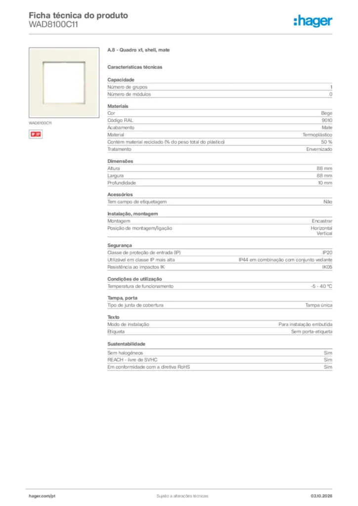 Imagem Hager Ficha técnica do produto WAD8100C11 | Hager Portugal