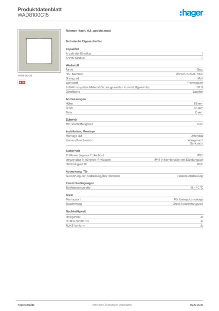 Bild Hager Produktdatenblatt WAD8100C15 | Hager Deutschland