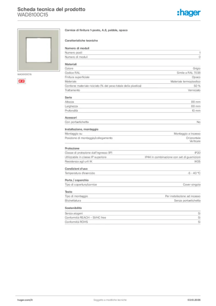 Immagine Hager Scheda tecnica del prodotto WAD8100C15 | Hager Italia