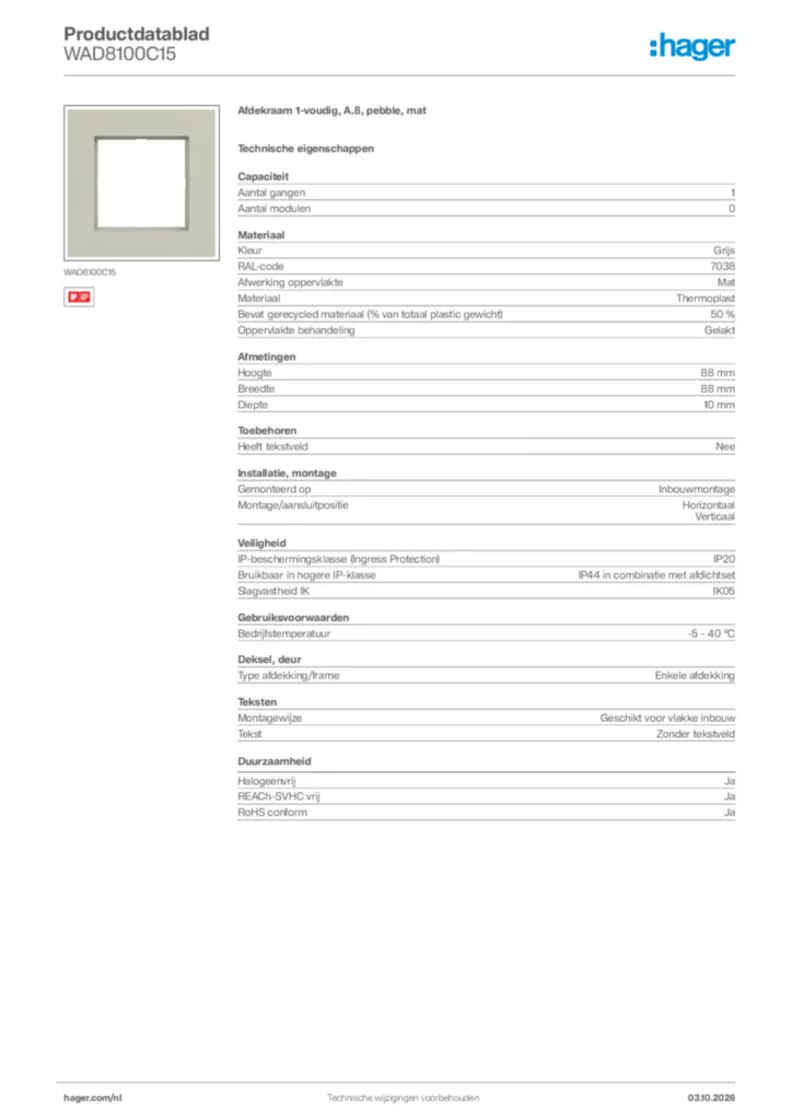 Afbeelding Hager Productdatablad WAD8100C15 | Hager Nederland