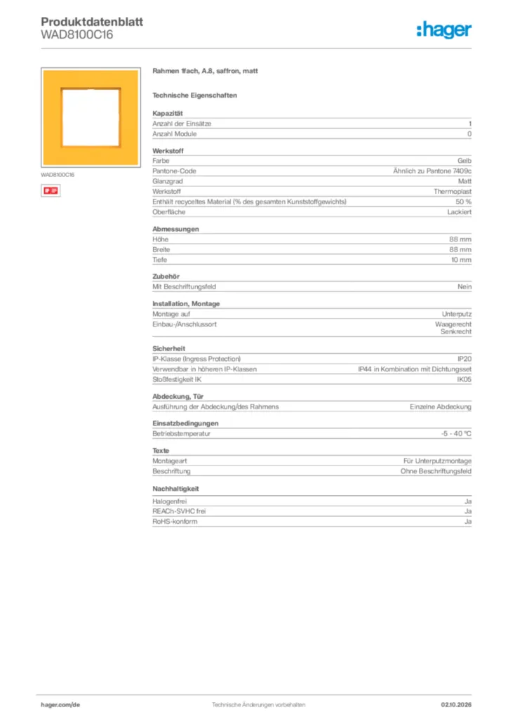 Bild Hager Produktdatenblatt WAD8100C16 | Hager Deutschland
