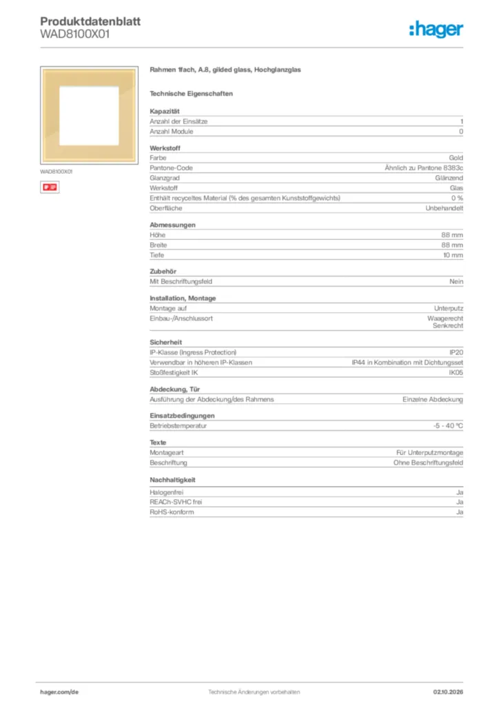 Bild Hager Produktdatenblatt WAD8100X01 | Hager Deutschland