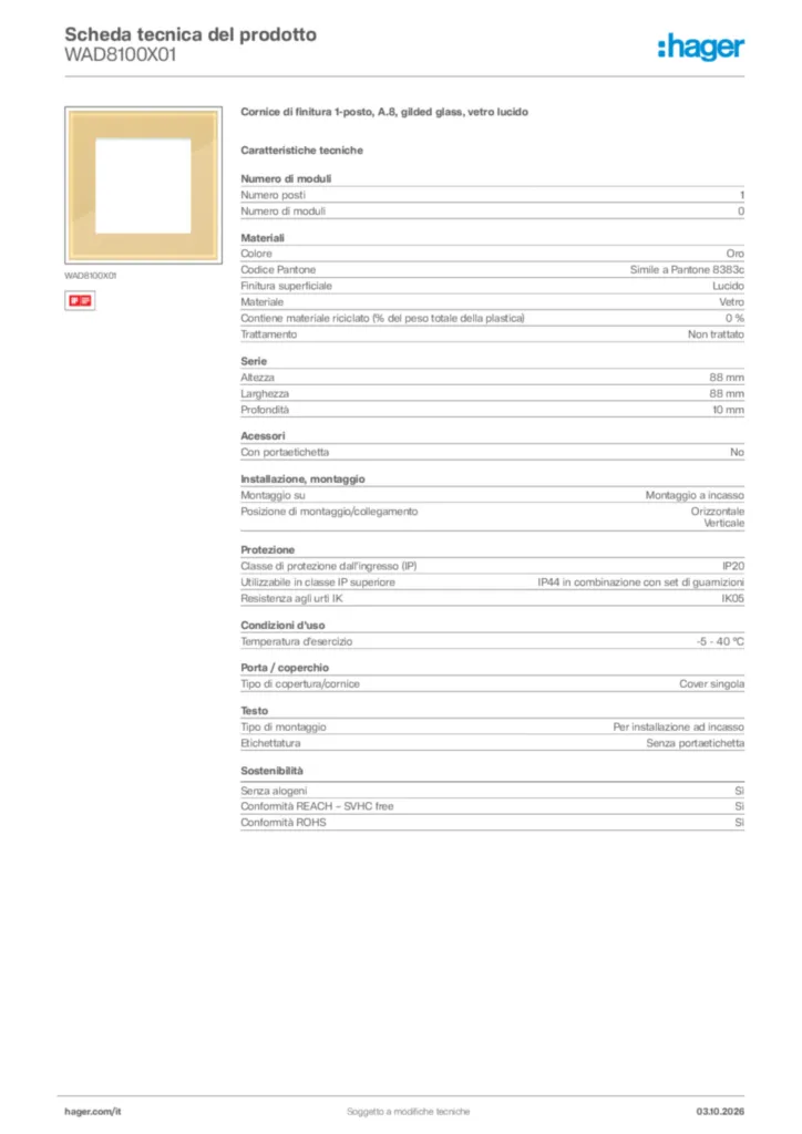 Immagine Hager Scheda tecnica del prodotto WAD8100X01 | Hager Italia