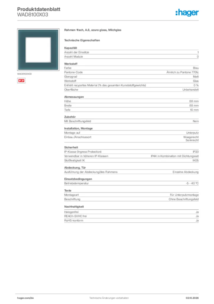 Bild Hager Produktdatenblatt WAD8100X03 | Hager Deutschland