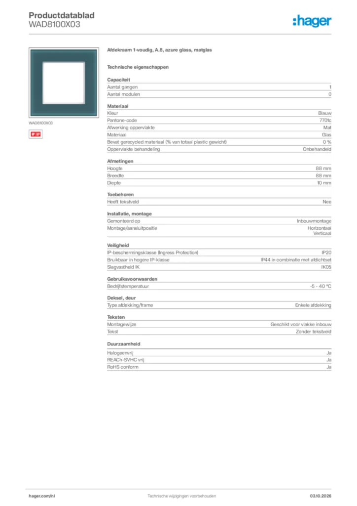 Afbeelding Hager Productdatablad WAD8100X03 | Hager Nederland