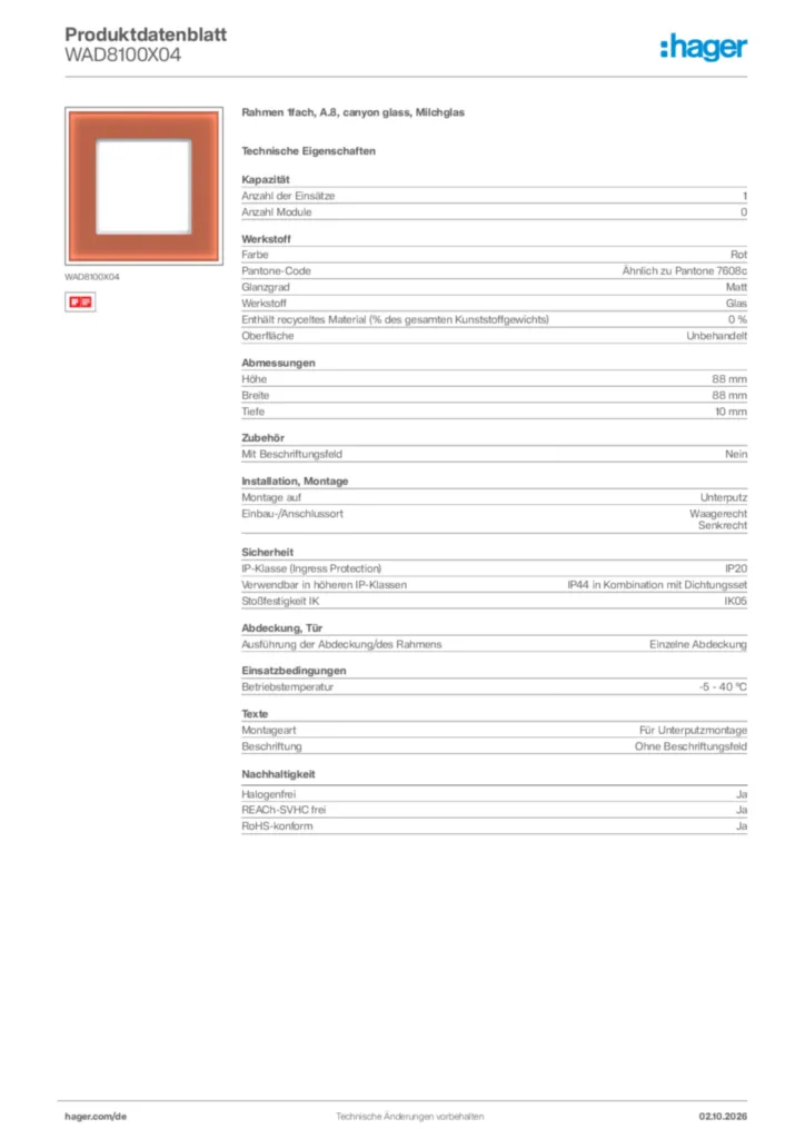 Bild Hager Produktdatenblatt WAD8100X04 | Hager Deutschland