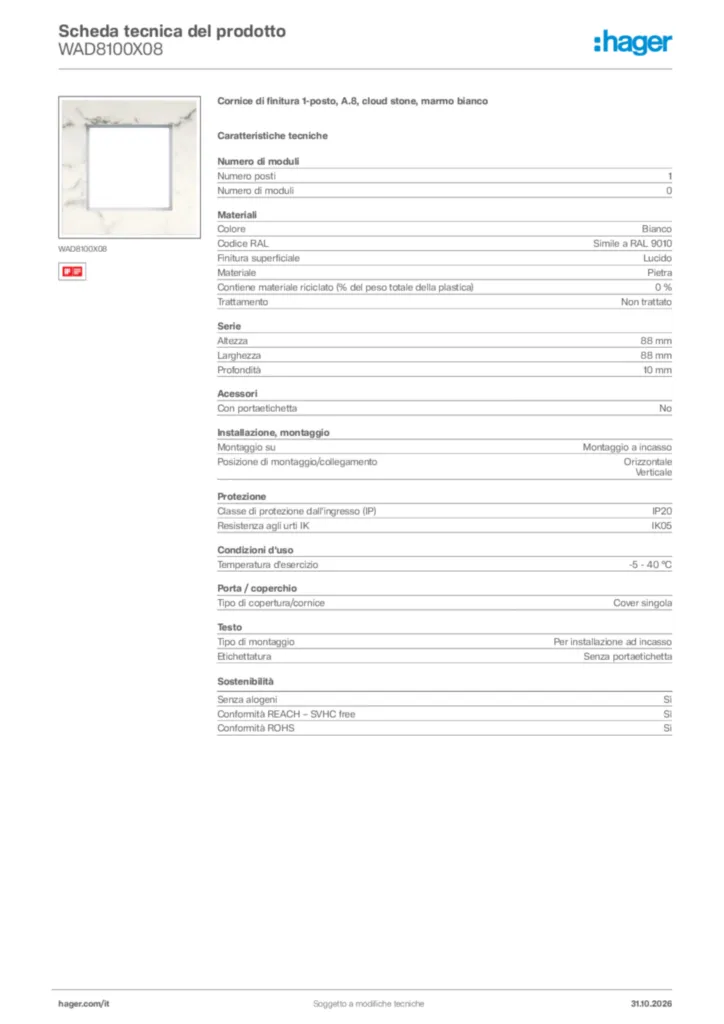 Immagine Hager Scheda tecnica del prodotto WAD8100X08 | Hager Italia