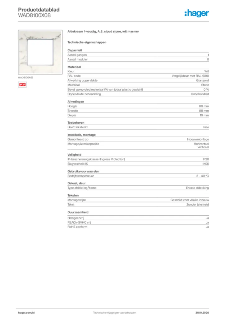Afbeelding Hager Productdatablad WAD8100X08 | Hager Nederland