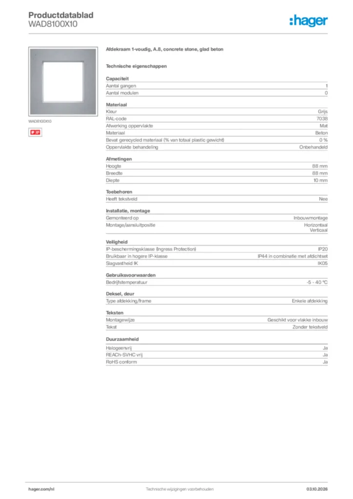 Afbeelding Hager Productdatablad WAD8100X10 | Hager Nederland