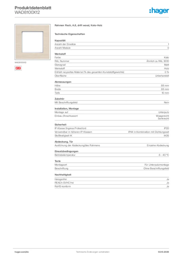 Bild Hager Produktdatenblatt WAD8100X12 | Hager Deutschland