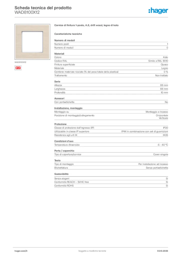 Immagine Hager Scheda tecnica del prodotto WAD8100X12 | Hager Italia