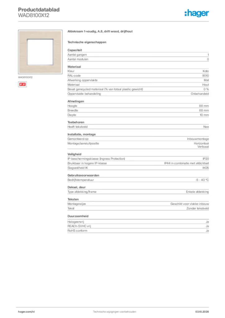 Afbeelding Hager Productdatablad WAD8100X12 | Hager Nederland