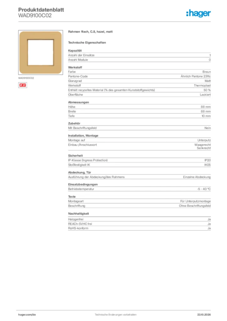 Bild Hager Produktdatenblatt WAD9100C02 | Hager Deutschland