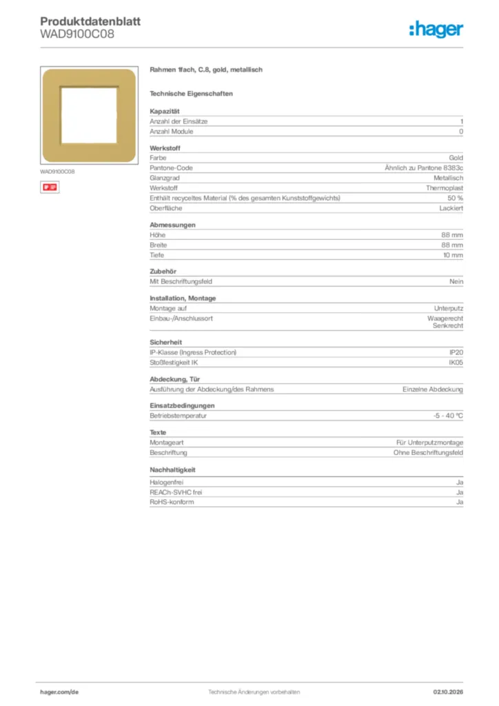 Bild Hager Produktdatenblatt WAD9100C08 | Hager Deutschland