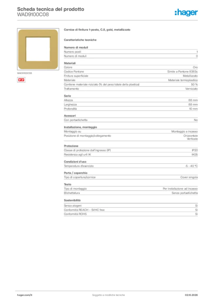 Immagine Hager Scheda tecnica del prodotto WAD9100C08 | Hager Italia