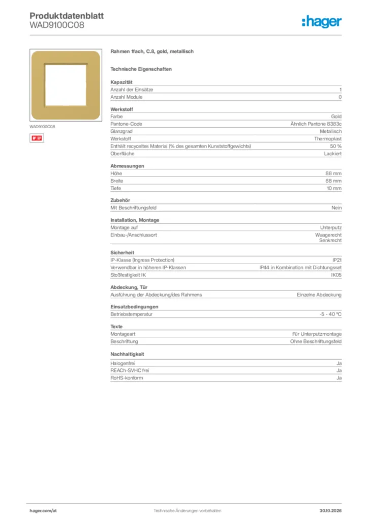 Bild Hager Produktdatenblatt WAD9100C08 | Hager Deutschland