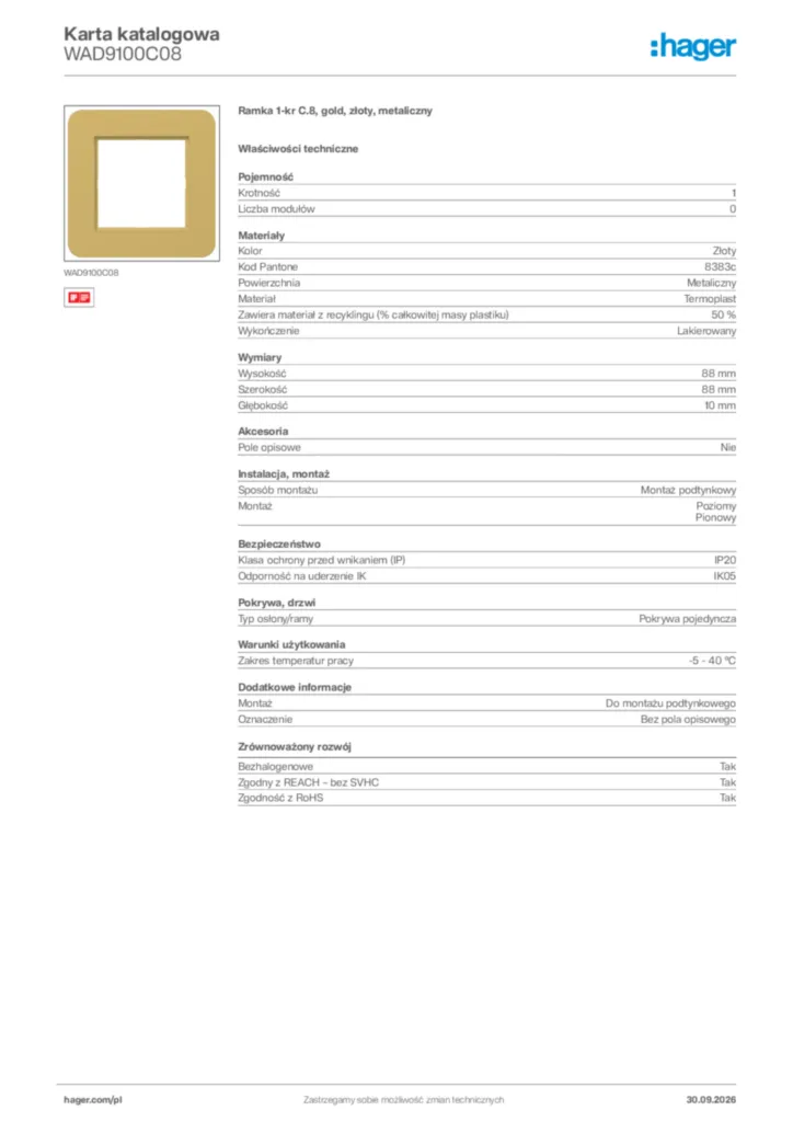 Zdjęcie Hager Karta katalogowa WAD9100C08 | Hager Polska