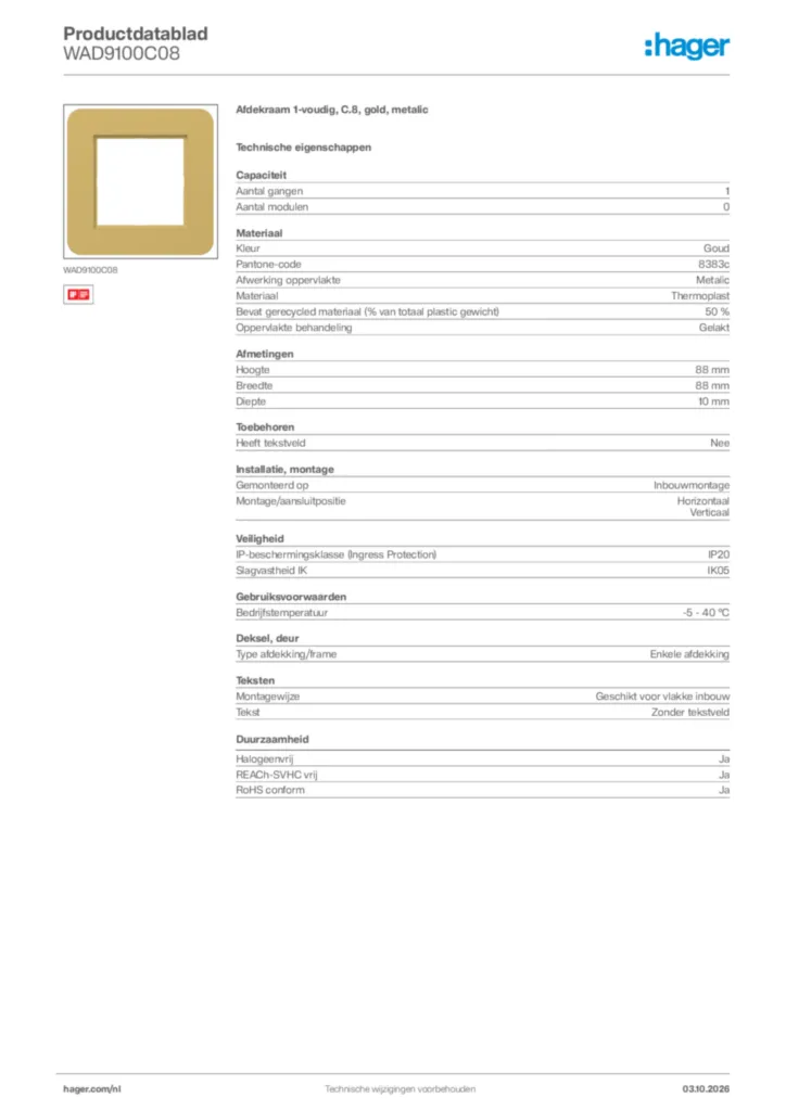 Afbeelding Hager Productdatablad WAD9100C08 | Hager Nederland