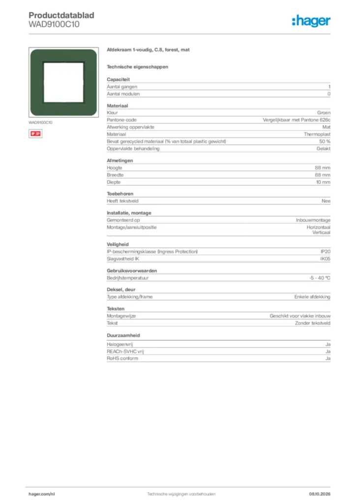 Afbeelding Hager Productdatablad WAD9100C10 | Hager Nederland