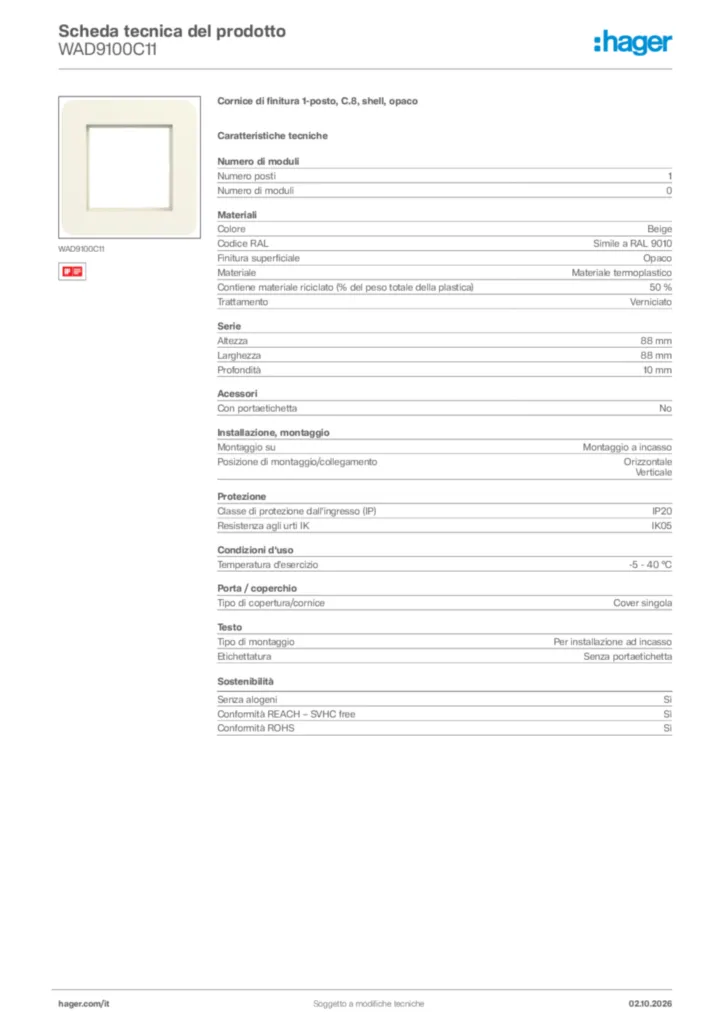 Immagine Hager Scheda tecnica del prodotto WAD9100C11 | Hager Italia