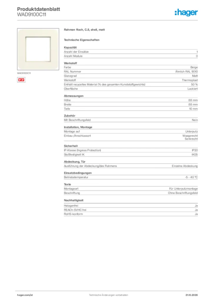 Bild Hager Produktdatenblatt WAD9100C11 | Hager Deutschland