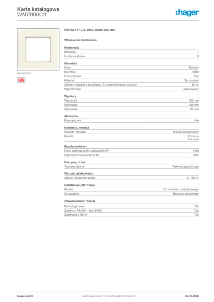 Zdjęcie Hager Karta katalogowa WAD9100C11 | Hager Polska