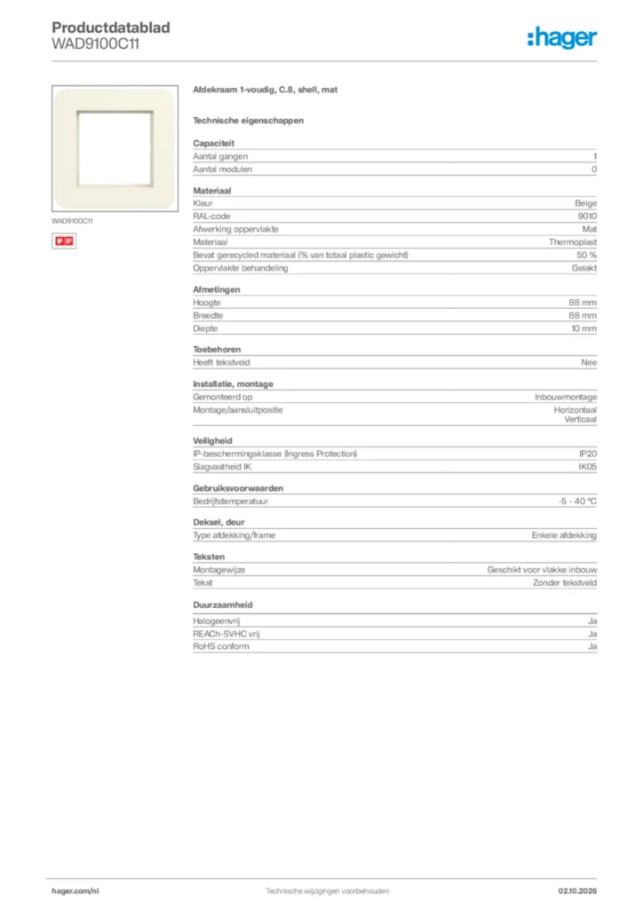 Afbeelding Hager Productdatablad WAD9100C11 | Hager Nederland
