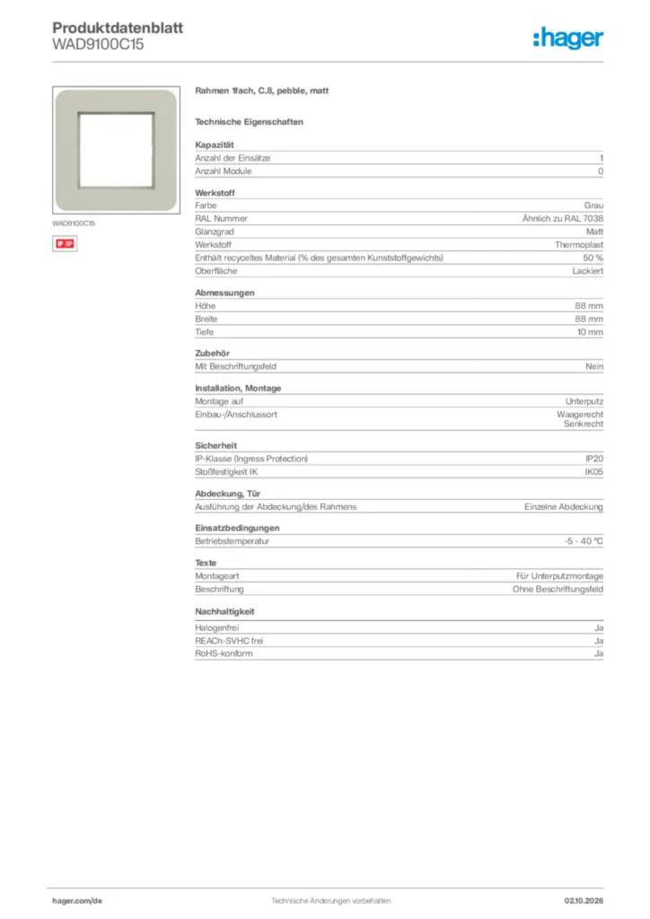 Bild Hager Produktdatenblatt WAD9100C15 | Hager Deutschland