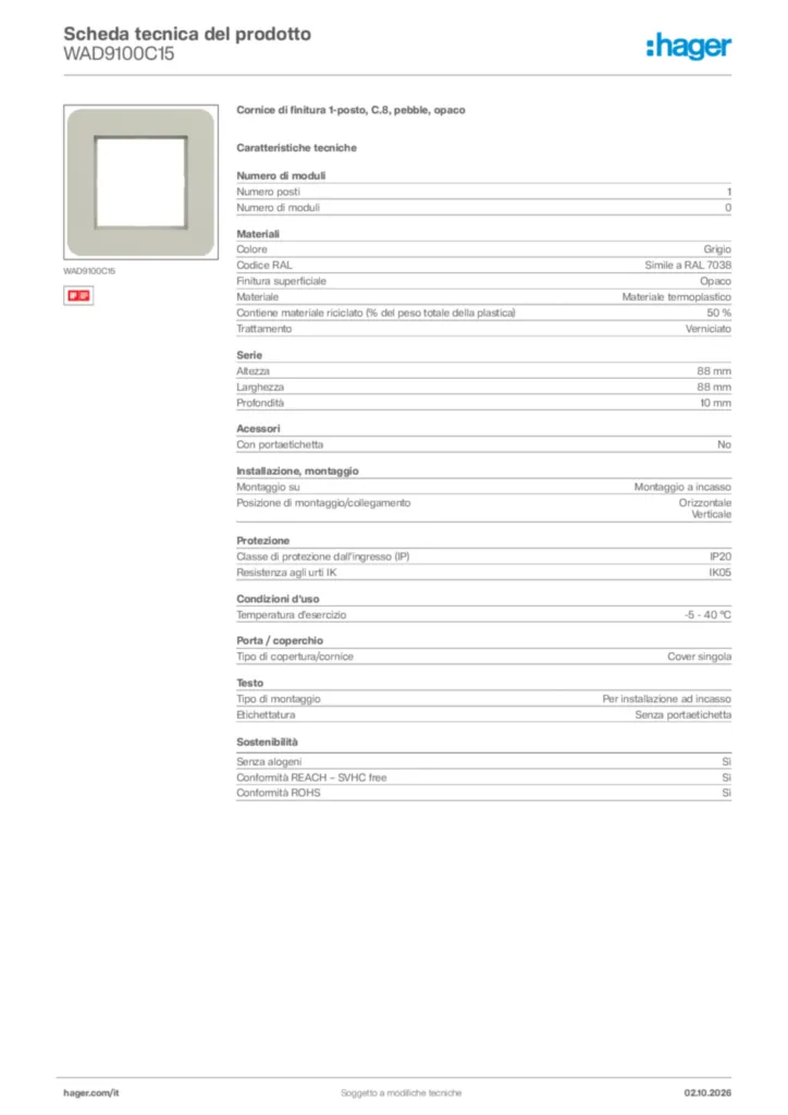 Immagine Hager Scheda tecnica del prodotto WAD9100C15 | Hager Italia