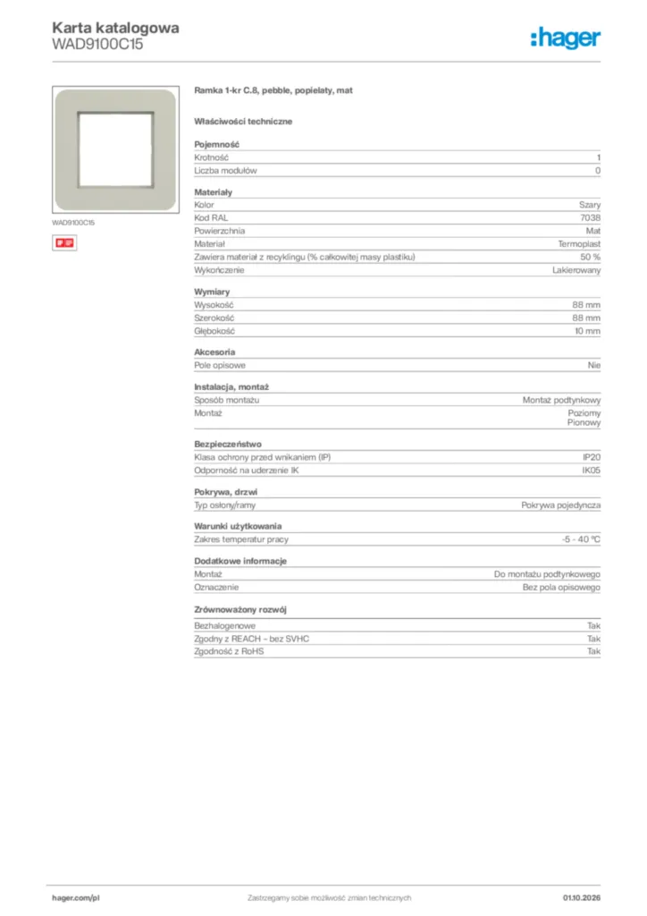 Zdjęcie Hager Karta katalogowa WAD9100C15 | Hager Polska