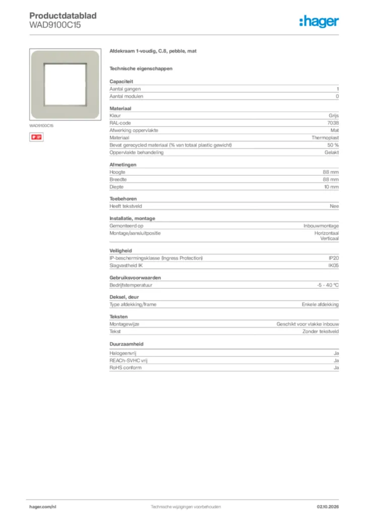 Afbeelding Hager Productdatablad WAD9100C15 | Hager Nederland