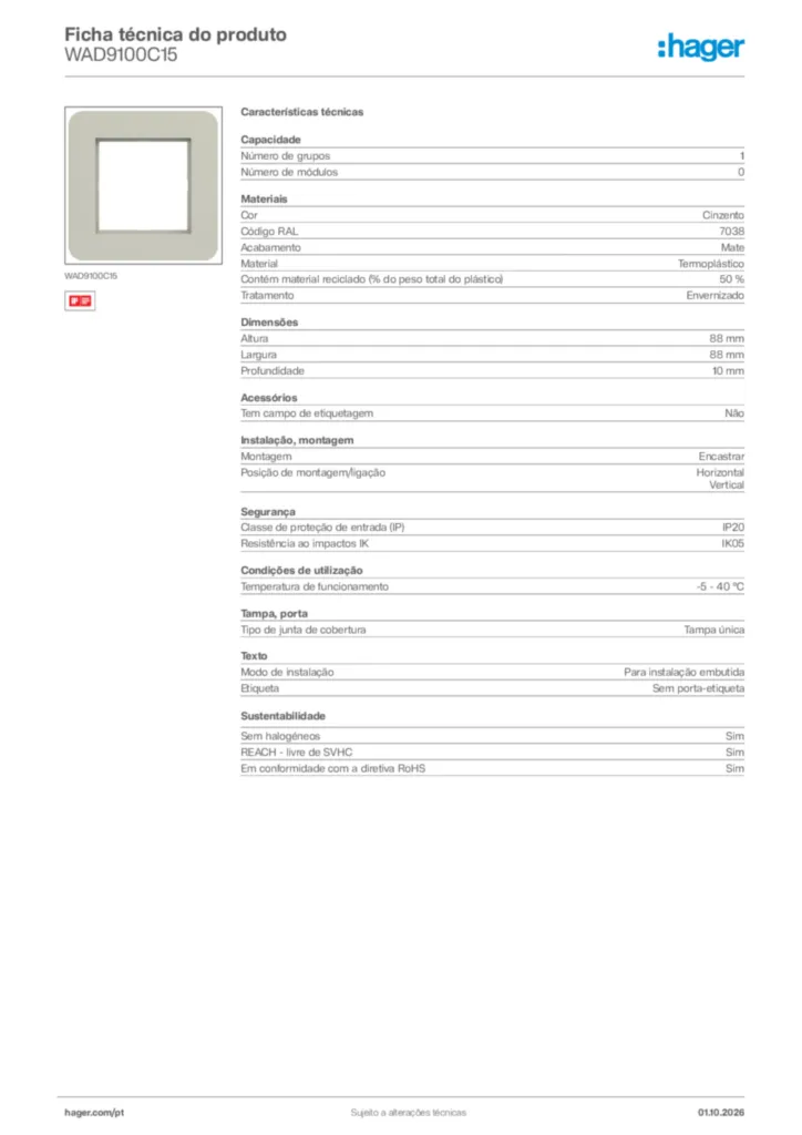 Imagem Hager Ficha técnica do produto WAD9100C15 | Hager Portugal