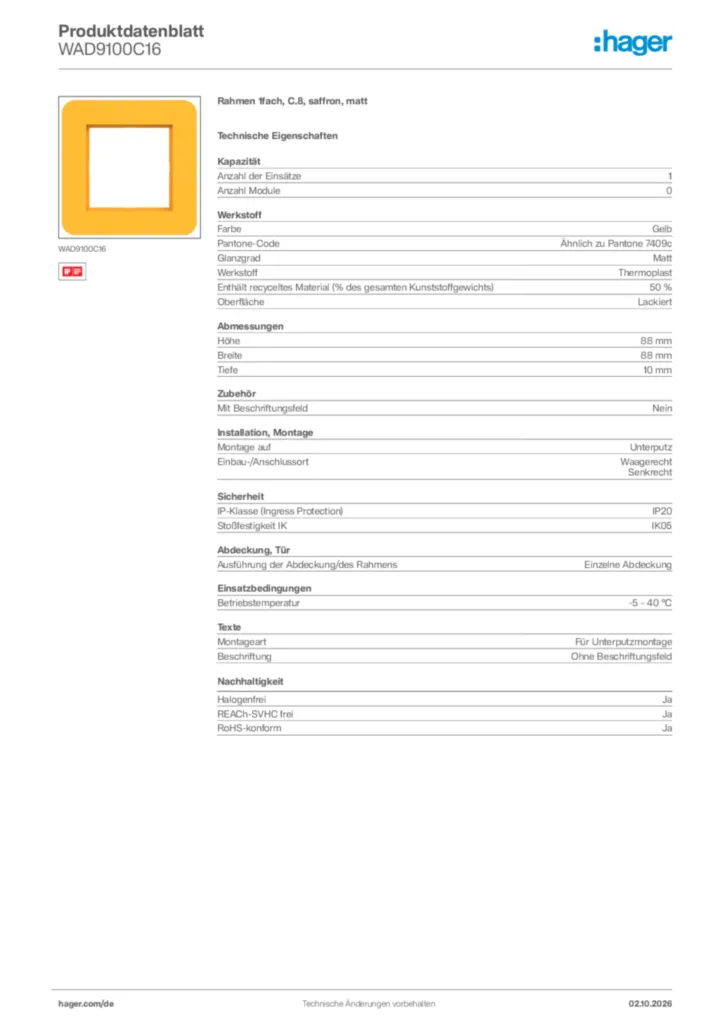 Bild Hager Produktdatenblatt WAD9100C16 | Hager Deutschland