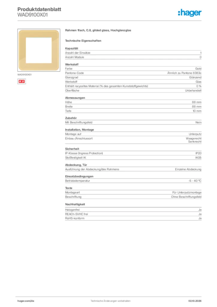 Bild Hager Produktdatenblatt WAD9100X01 | Hager Deutschland