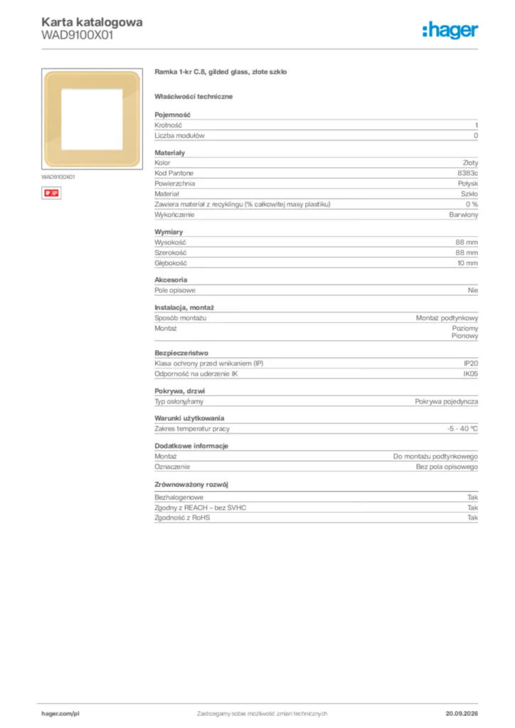 Zdjęcie Hager Karta katalogowa WAD9100X01 | Hager Polska